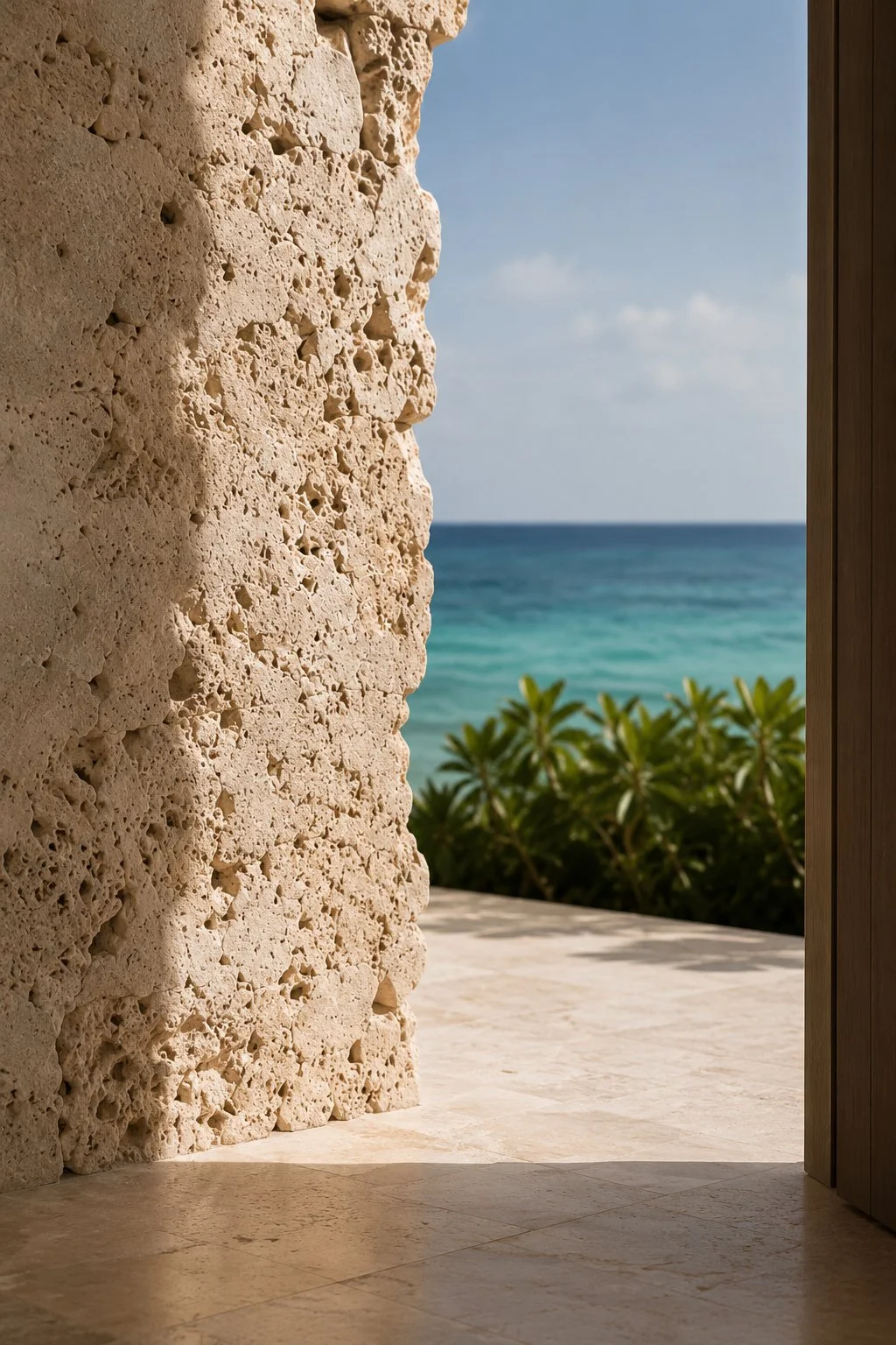 A limestone doorway opening onto turquoise sea and tropical coastal planting
