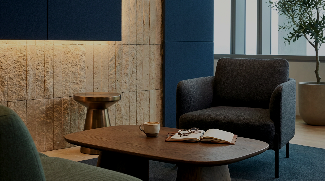 A refined lounge with an armchair, a coffee table and an open notebook