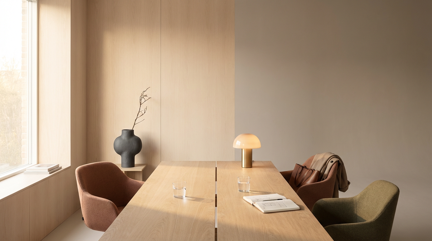 A softly lit meeting room with a timber table, comfortable chairs and an open notebook