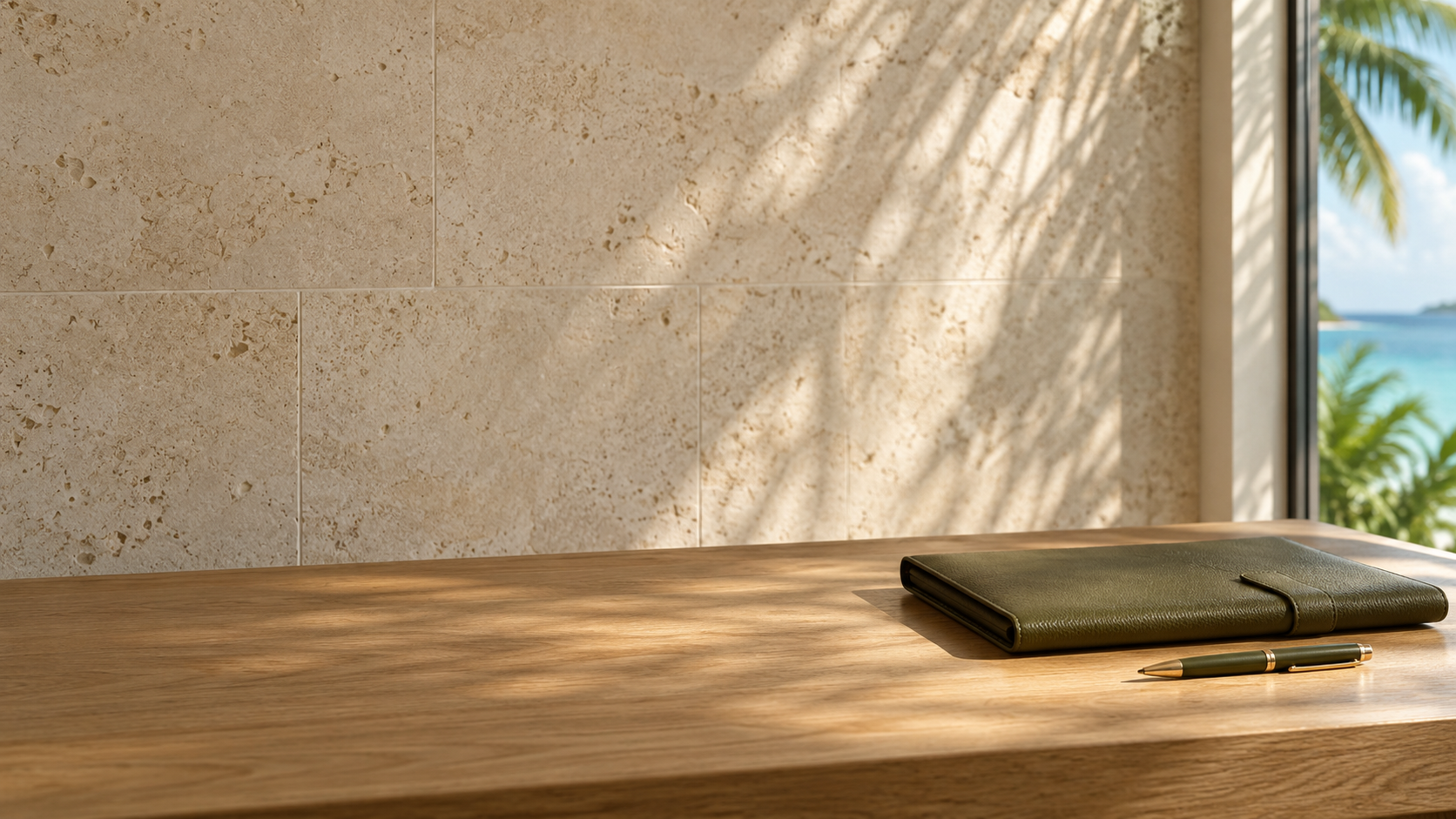 An olive folio and pen on an oak desk, with limestone, palm-filtered light and a glimpse of Caribbean water